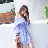 夏季新款韩版条纹衬衫裙女连衣裙假两件个性设计收腰显瘦气质裙子