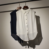韩国2day正品2016夏季新品纯色POLO领单排扣后背开叉无袖雪纺衬衫