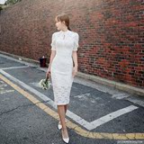 2016夏装韩国代购蕾丝连衣裙高端气质修身短袖中长款白色结婚礼服