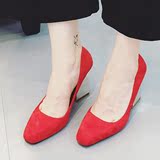 2016韩版新款红黑粗跟绒面单鞋女高跟鞋方头浅口套脚百搭职业鞋
