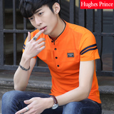 2016男装夏季男士短袖T恤体立领棉麻韩版半袖潮牌橙色POLO打底衫
