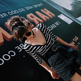LAMPS 欧洲站2016夏装欧货潮时尚短款上衣女 黑白条纹V 领修身T恤