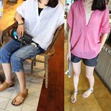 韩国进口东大门女装代购 2016夏季纯色宽松V领蝙蝠袖防晒衫衬衫