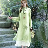 2016春装新款民族风大码女装长裙子中国风手绘修身长袖棉麻连衣裙