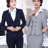 深蓝色小西装女套装外套 长袖修身韩版短款大码职业马甲工作西服
