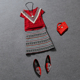 欧洲站2016夏季新款女装连衣裙套装复古刺绣上衣包臀裙两件套红色