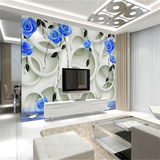 大型壁画现代简约3D圆圈蓝色玫瑰花朵墙纸壁画客厅电视背景墙壁纸