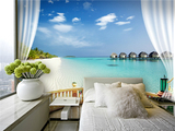 大型壁画3D立体墙纸壁画海景假窗户马尔代夫沙滩电视背景墙定制