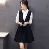 【天天特价】秋新款背带连衣裙两件套韩版修身学院风长袖衬衫套装