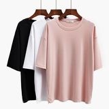 韩国2016新款纯色圆领短袖t恤女夏季宽松中长款上衣学生简约半袖
