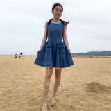 16夏季新韩版超显瘦圆领无袖牛仔裙允儿同款连衣裙修身大摆中长裙