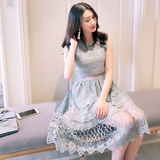 AURA夏季女装新款高腰无袖蕾丝气质连衣裙韩版性感中长款A字裙潮