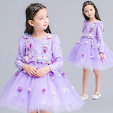 女童公主礼服裙秋冬儿童主持人钢琴演出服小花童婚纱紫色蓬蓬裙子