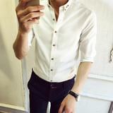 发型师衬衫男白色打底衬衣韩版修身青年时尚英伦七分袖寸衫纯色潮