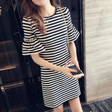 韩国黑白条纹短袖t恤女中长款宽松大码修身显瘦夏装连衣裙气质潮