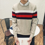 韩版学生秋冬毛衣男青年学生衬衫领条纹假两件毛衣港风拼色针织衫