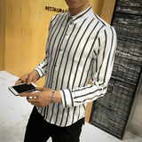 英伦长袖衬衫 春秋季黑白条纹型男潮流韩版修身衬衣 发型师工作服
