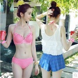 韩国小清新粉色罩衫比基尼四件套少女运动数字风泳衣沙滩度假泳装