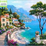 欧式壁画地中海海边花园风景油画背景墙纸客厅沙发无缝无纺布壁纸