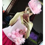 新款淑女韩国潮牌定制款3D花朵粉色短款羊绒背心吊带女短款打底