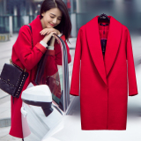 黑色大衣2016冬款高圆圆明星同款中长款毛呢外套红色呢子大衣女