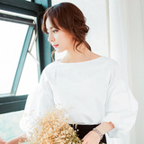 【天天特价】韩国新款潮灯笼袖衬衫女一字领泡泡七分袖白衬衣上衣