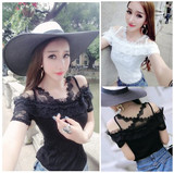 2016夏季韩版流行短袖修身女士t恤打底衫性感蕾丝拼接一字领上衣