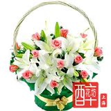 上海市区鲜花速递 生日祝福鲜花快递 花篮手提篮子 玫瑰花百合花