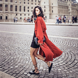 高端品牌2016春秋装新款欧美大牌红色抽绳宽松超长款风衣外套女