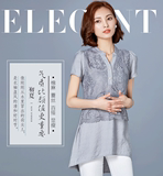韩版夏季女装上衣中长款宽松短袖前短后长V领亚麻料简约棉麻衬衫