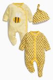 英国Next代购 16春季女童黄色蜜蜂长袖连身睡衣爬服2件组连帽子