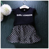 儿童夏装女童女宝宝12345岁短袖字母黑色短袖T恤波点包臀短裙套装