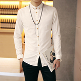 夏季休闲薄款圆领亚麻青年衬衫男士纯色棉麻立领韩版修身长袖衬衣