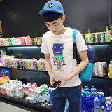 2016夏装修身韩版男装TEE恤卡通机器人印花T恤青年修身圆领体恤
