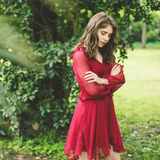 安德洛原创2016夏新款红色真丝复古褶皱V领性感显瘦连衣裙特价