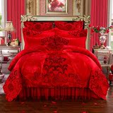 婚庆四件套大红蕾丝刺绣结婚用全棉纯棉贡缎床裙床盖婚礼床上用品