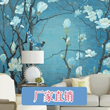 新中式墙纸玉兰工笔画花鸟 玄关走廊电视背景墙壁纸 无缝壁画墙布