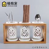 包邮镂空陶瓷筷架筷子筒沥水盒日式创意木架双筒防霉笼骨瓷筷子笼