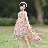 韩国吊带公主裙前短后长中大童夏装雪纺女童连衣裙亲子款沙滩长裙