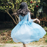 韩国高端中大女童春装2016新款蕾丝中袖连衣裙公主长裙大下摆蓝色