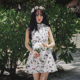 韩国milkcocoa2016夏季花朵印花木耳边百褶蝴蝶结A字型沙滩连衣裙