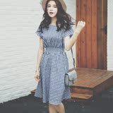 2016夏季新款短袖格子连衣裙女韩版修身收腰圆领中长款棉麻裙子