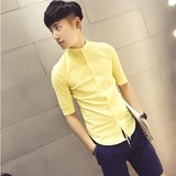 夏季纯色中袖亚麻立领七分袖衬衫男士修身韩版英伦短袖棉麻白衬衣