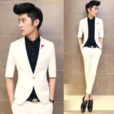 新款韩版男修身7分袖小西装男 纯色时尚男西服绅士商务男外套潮