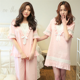 夏季韩版短袖睡衣纯棉女薄款可爱花边梭织全棉布睡裙子家居服套装