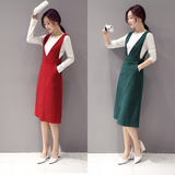 2016秋季新款韩版背带裙两件套中长款针织上衣修身显瘦连衣裙套装