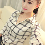 衬衫女长袖2016春装新款韩版格子修身显瘦大码POLO领开衫学生女装