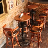 实木酒吧桌椅 复古旋转吧凳吧台椅高脚凳 咖啡店主题餐厅吧椅吧桌