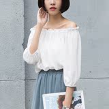 七分袖雪纺衫女白色小衫2016新款甜美韩版短款露肩一字领上衣夏季