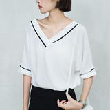 白色大v领t恤女中袖夏季简约新款韩版显瘦拼色蝙蝠袖宽松休闲上衣